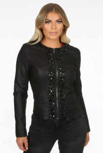 Faux Leather Black Stone Trim Jacket