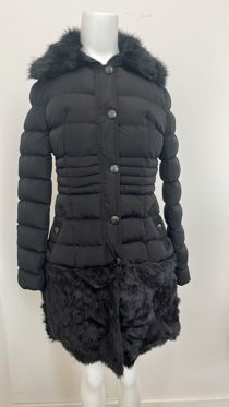 Black Longline Fur Hood Parka With Front Pannel Fur
