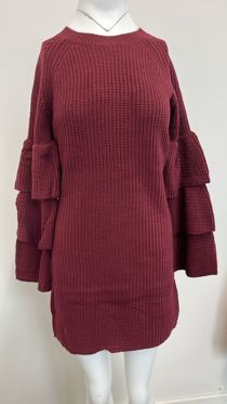 Wine Knitted Jumper Dress With Frill Sleeve