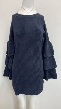 Navy Knitted Jumper Dress With Frill Sleeve