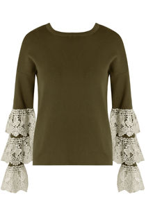 Khaki Layered Lace Bell Sleeve Jumper 