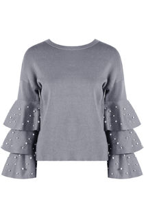 Grey Pearl Embellished Ruffle Sleeve Jumper
