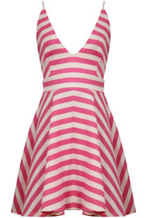 Pink & Cream Horizontal Stripe Print Flared Strappy Dress
