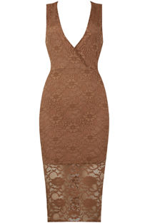 Taupe Floral Lace Textured Midi Dress