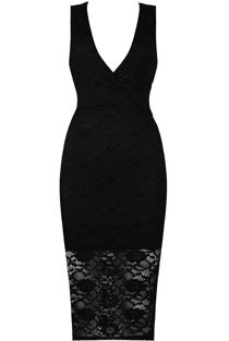 Black Floral Lace Textured Midi Dress