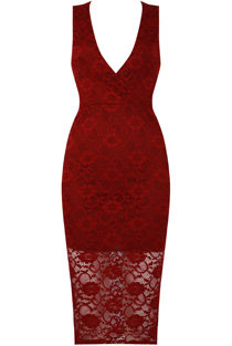 Wine Floral Lace Textured Midi Dress