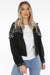 Black Fringe Pearls & Stones Trim Denim Jacket