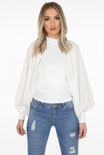 White Drape Wing Sleeve Mock Neck Blouse