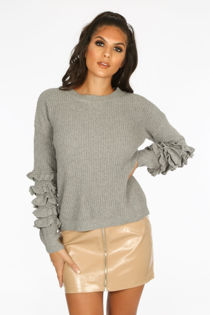 Layered Frill Sleeve Jumper In Grey