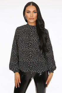 Navy Polka Dot Frilled High Neck Blouse