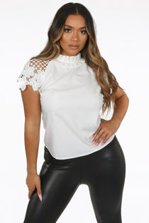 White Tuck Pleated Neck Lace Trim Tops