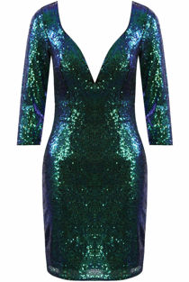 Green Plunge Long Sleeve Sequin Dress
