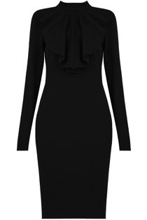 Black High Neck Front Ruffle Textured Midi Dres
