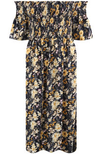 Navy Shirred Floral Off Shoulder Dress