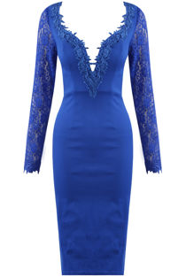 Royal Blue Lace Plunge Neck Midi Dress