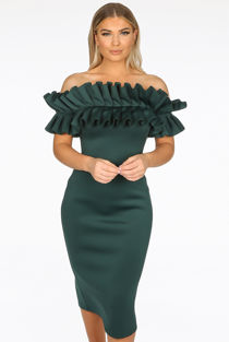 Green Neoprene Ruffle Bardot Midi Dress