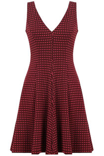 Wine Contrast Square Print Back Zip Up Fit and Flare Dress