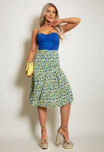 Green Printed Box Pleat Midi Skirt