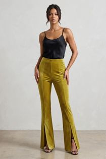 Mustard Lurex Stripes Slit Ankle Wide Trouser