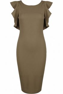 Khaki Frill Trim Tight Stretch Bodycon Dress