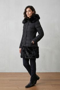 Black Longline Fur Hood Parka With Front Pannel Fur