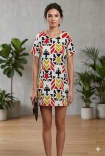Aztec Pattern Print Crepe Shift Dress