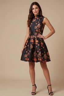 Black Pleated Floral Skater Dress