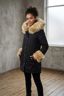 Black Parka Coat with BeigeFur Hood Lining