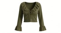 Ruffle Crepe Crop Top With Lace Up Front In Khaki