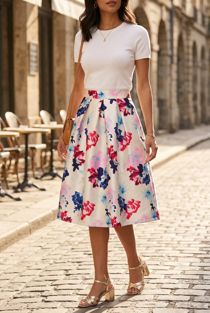 Multicolour Floral Print Pleated Flared Skirt