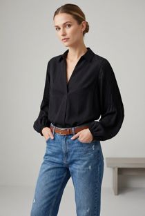 Black Front Low Neck Pleated Shirt Top
