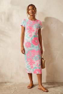 Pink and Blue  Abstract Multi  Print Cap Sleeve Midi Dress
