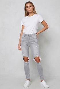 Ripped Knee Skinny Jeans in Grey