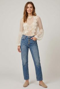 Beige Mock Neck Lace Mesh Top