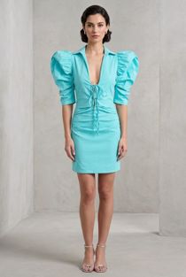 Mint Belle Puffed Sleeves Plunge Neck Dress