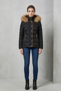 Black Quilted Beige Fur Hood Short Puffer Jackets