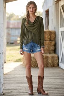 Khaki Faux Suede Tassel Cross Over Top