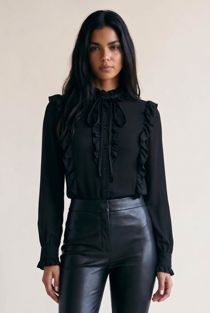 Black Front Button Up Frilled Shirt Top