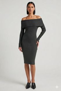 Dark Grey Bardot Fold Over Midi Dress