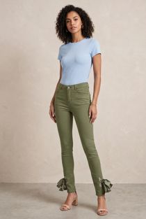 Ankle Lace Tie Up Stretch Skinny Dark Khaki Jeans
