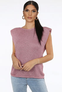Pink Metallic Round Neck Knitted Tops