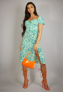 Green Printed Milkmaid Midi Dress