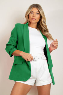 Dark Green Plain Ruched Sleeve Open Blazer