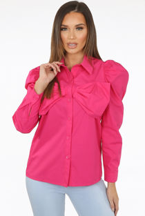 Fuchsia Pleated Bow Front Button Up Shirt