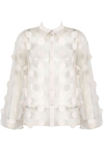 White Mesh Flower Trim Button Up Shirt