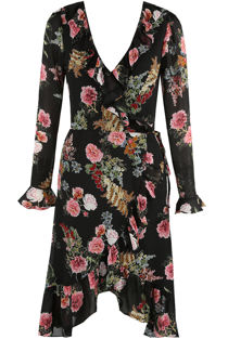 Black Floral Print Wrap Dress