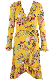 Yellow Floral Print Wrap Dress