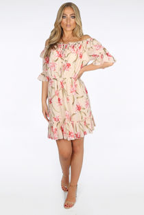 Beige Floral Bardot Day Dress