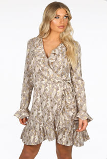 Foil Print Wrap Dress In Beige