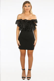 Black Organza Trim Off Shoulder Mini Dress